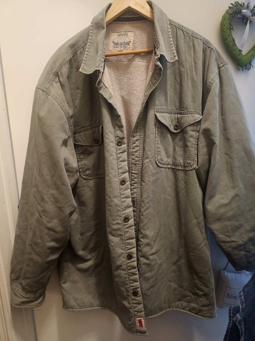 Levi's Men's Sherpa Lined Military Field Jacket Canvas Coat Green Size XXL E U C